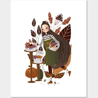 Cute Autumn Baker Girl Digital Art Posters and Art